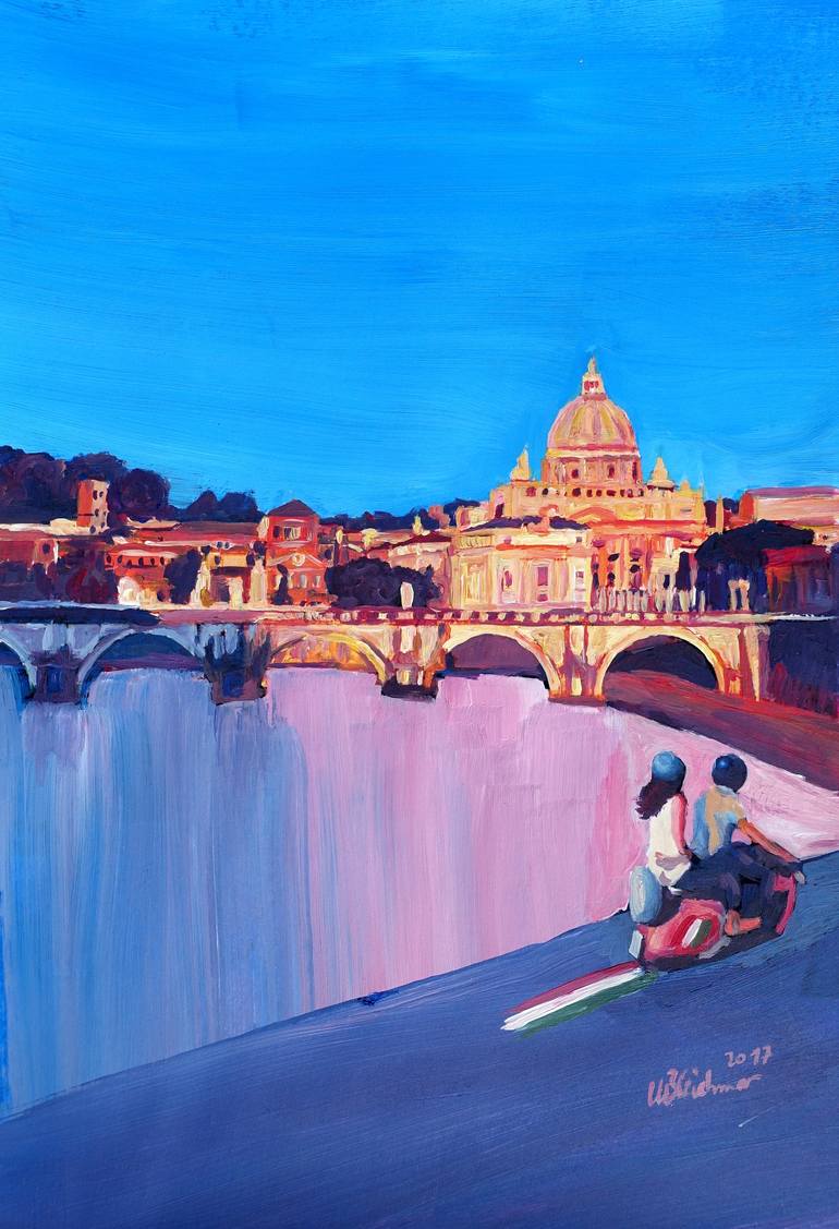 Rome Romantic Street Scene with Motorcycle and view of Vatican Painting by  M Bleichner | Saatchi Art