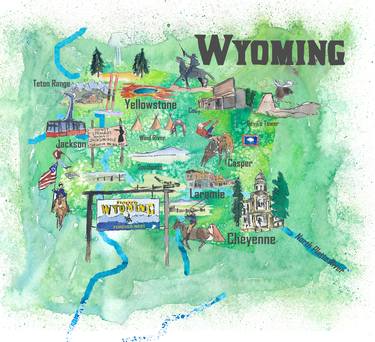 USA Wyoming State Travel Poster Illustrated Art Map thumb