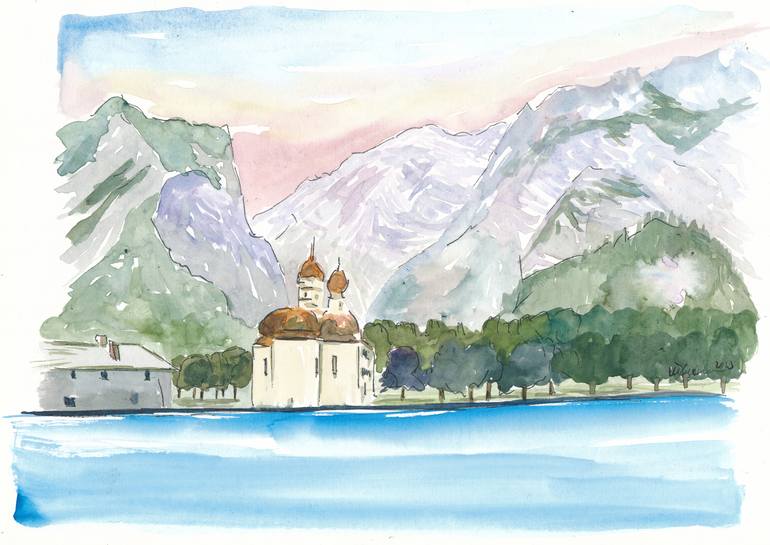 Saint Bartholomew Church Koenigsee with Watzmann Mountain Painting by M ...