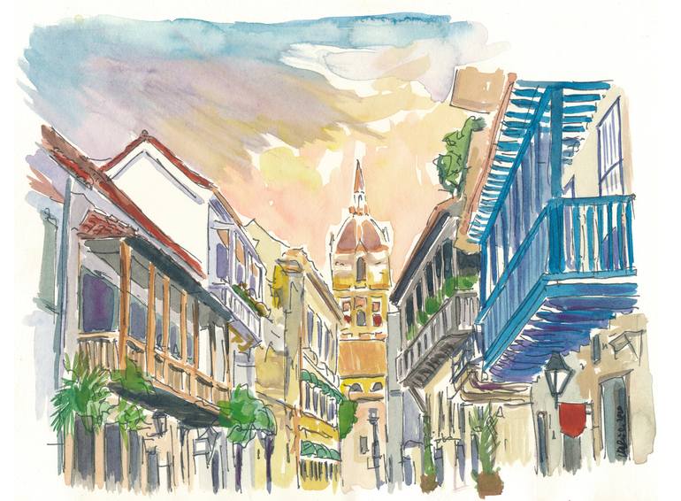 Cartagena Colonial Street Scene In Colombia Painting by M Bleichner