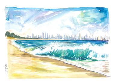 New Jersey Beach View with Breaking Waves and Manhattan Skyline thumb
