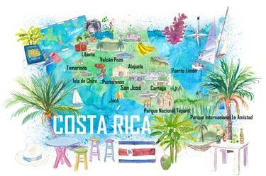 Costa Rica Illustrated Travel Map with Roads and Highlights thumb