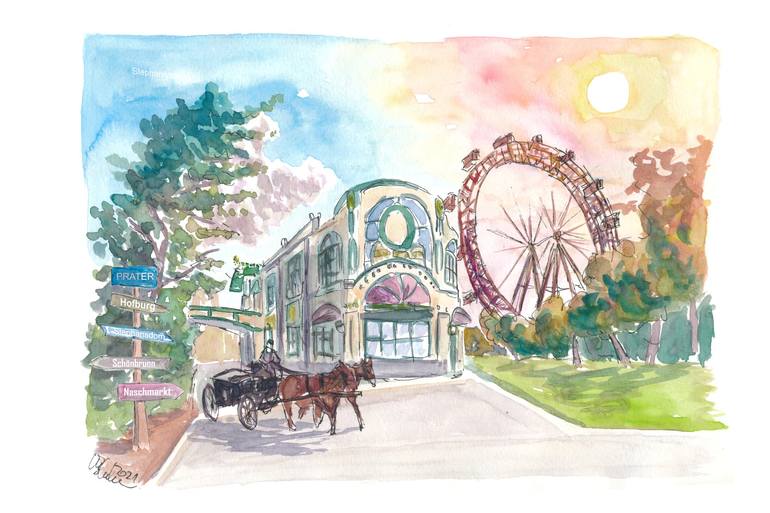 Original Architecture Painting by M Bleichner | Impressionism Art on Paper | Vienna Austria Prater with Ferris Wheel and Signpost
