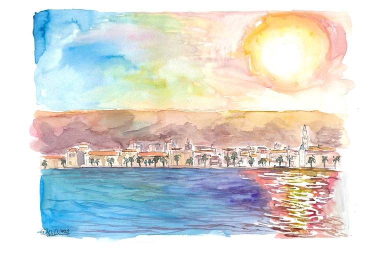 Original Cities Painting by M Bleichner | Impressionism Art on Paper | View of Split Croatia from Adriatic Sea in the Morning Sun