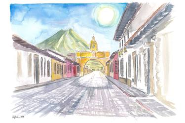 Antigua Guatemala Colonial Street with Santa Cataline Arch thumb
