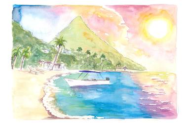 St Lucia Sunset and Amazing Piton Beach Scene thumb