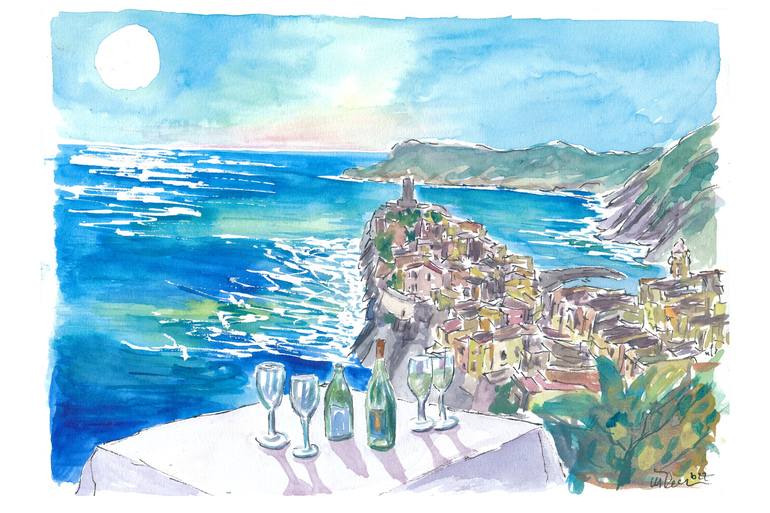 Mediterranean View from Restaurant with Wine and Vernazza Original Painting by m bleichner