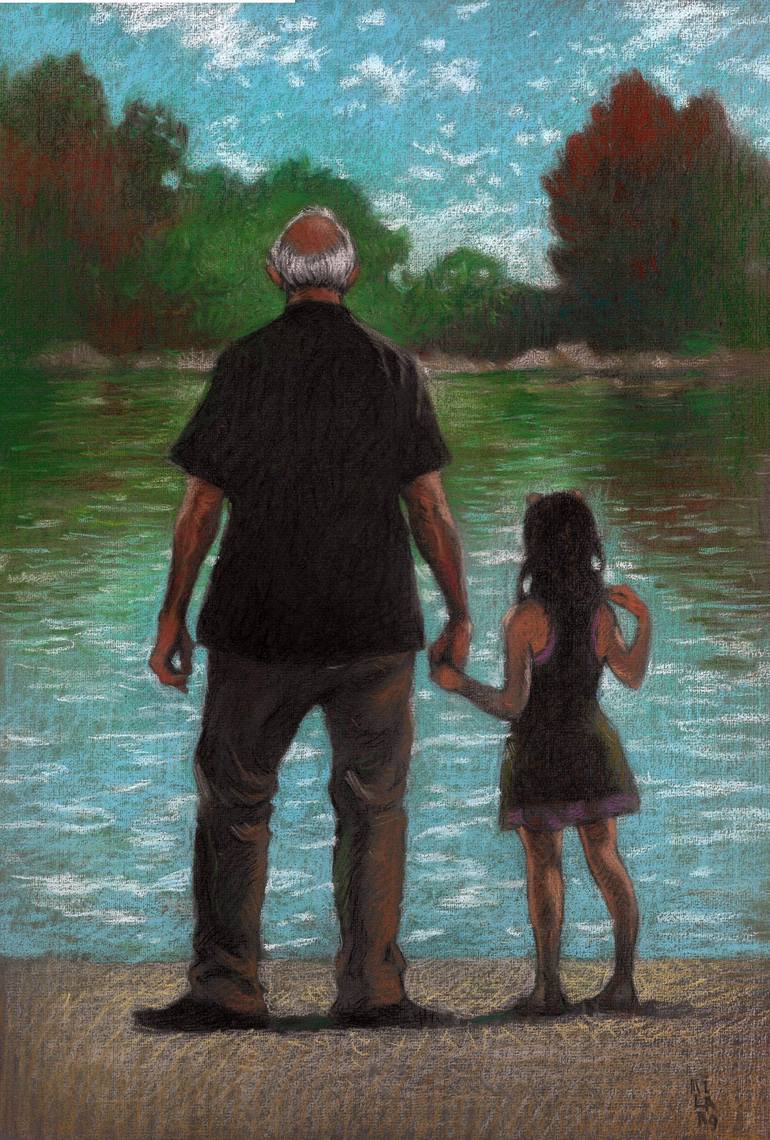Original People Drawing by Federico Milano | Figurative Art on Paper | Facing the lake