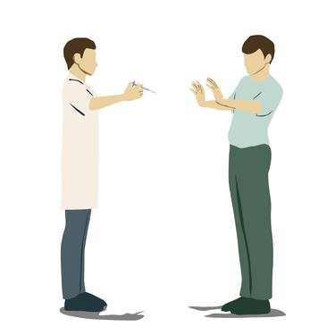 Opposition to Vaccines. A person loath getting a vaccine. In the painting is a doctor holding a syringe and in front of him a man who raises his hands in refusal. Colorful flat vector drawing on a w thumb