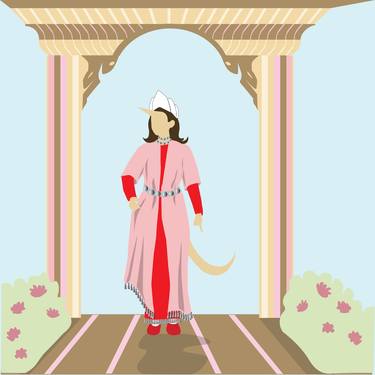 A painting by Vashti, the queen of Persia, the wife of Ahasuerus. Which has grown a horn and a tail. One of the scenes in the story of the Book of Esther that the Jews read on Purim. Flat vector thumb