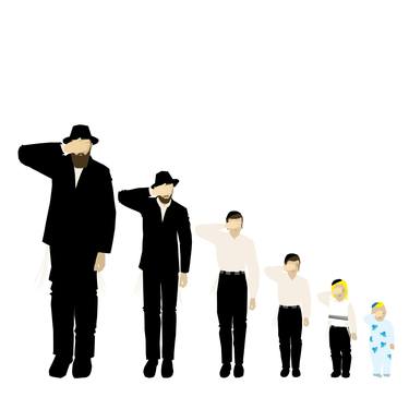 Drawing of Jewish characters of different ages Place your hand on the eyes and say the Shema Israel. The adults wear a black hat and suit and the youngsters a white shirt and pants. Vector thumb