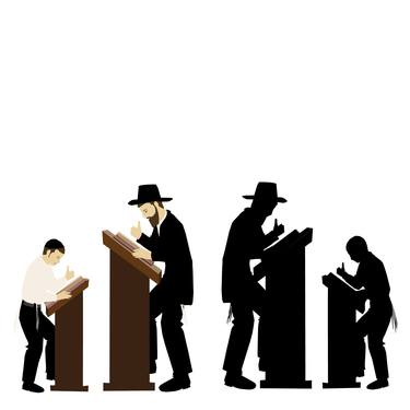 Torah study, silhouette and clipart drawing of a father and son studying Torah. Two ultra Orthodox Jewish figures, observant of Torah, rely on standards. The two swing their thumbs while studying. thumb