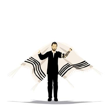A bearded young ultra-Orthodox Jewish man wraps himself in a tallit. On his hands and on his head are tefillin - a Jewish sacred object. Vector drawing, isolated figure on a white background. thumb