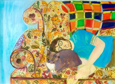 Saatchi Art Artist Kelly Neibert; Paintings, “Brian and Stormy on a floral couch” #art