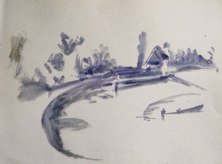 Original Boat Drawing by Frederic Belaubre | Figurative Art on Paper | The little house by the sea