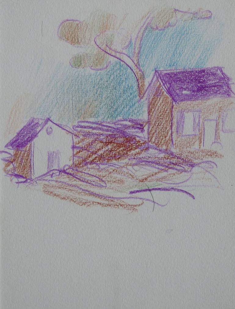 Original Nature Drawing by Frederic Belaubre | Expressionism Art on Paper | The little village sketch