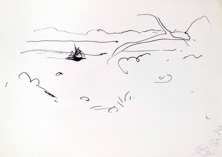 Original Boat Drawing by Frederic Belaubre | Figurative Art on Paper | The little sailboat