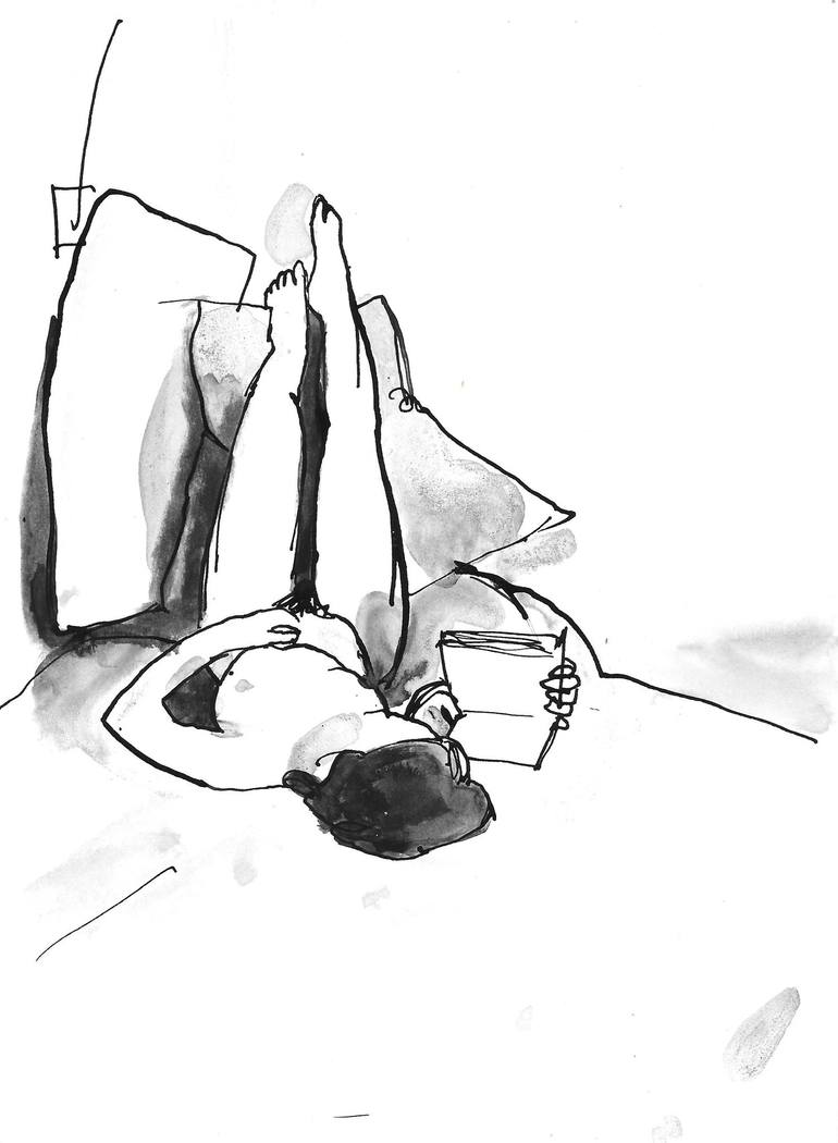 Nude reading in Bed Drawing by Frederic Belaubre | Saatchi Art