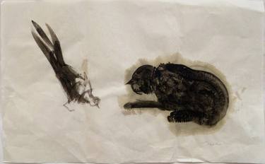 Cat and bird 1, on chinese paper thumb