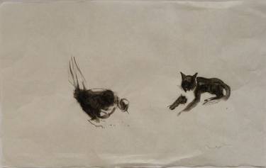 Cat and bird 2, on chinese paper thumb