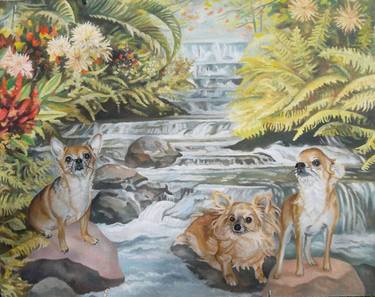 Three dogs near the waterfall thumb