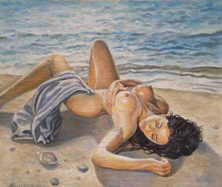 Art Print of Beautiful nude woman lying on rocks in water with sea