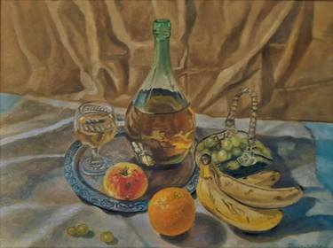 Still life with wine and fruits. thumb