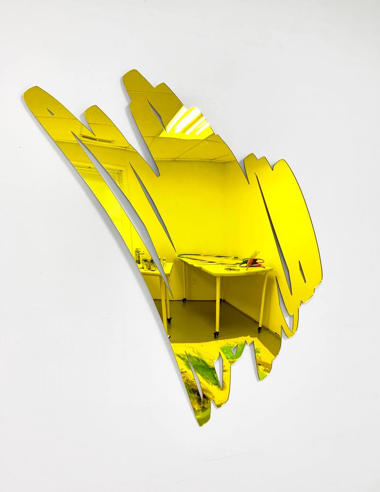 Diagonal Scribble Mirror Wall Sculpture, Yellow Sculpture by Ryan