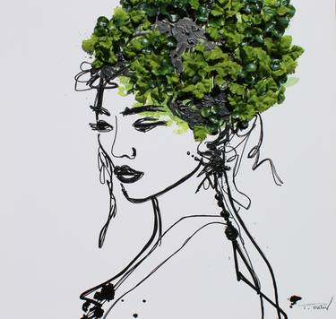 Beauty Spring Woman - Acrylic and 3D Painting on Canvas, Fake Greenery Attached to the Canvas. Artificial Vertical Garden Art by Irena Orlov 24 x 24" thumb