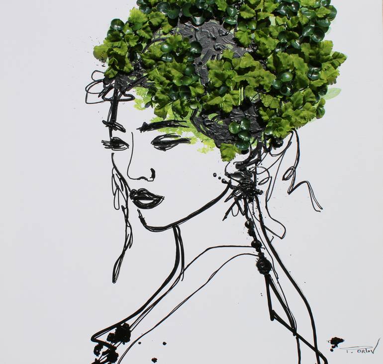Beauty Spring Woman - Acrylic and 3D Painting on Canvas, Fake Greenery  Attached to the Canvas. Artificial Vertical Garden Art by Irena Orlov 24 x  24 Collage by Irena Orlov