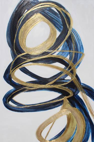 Blue Gold Circles Abstract Painting Art on Canvas 48 x 72 inches thumb