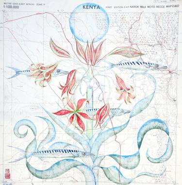 Native Kenya amaryllis, barracuda on antique kenya map thumb