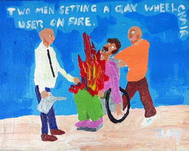 Bad Painting 07: Two men setting a gay wheelchair user on fire thumb