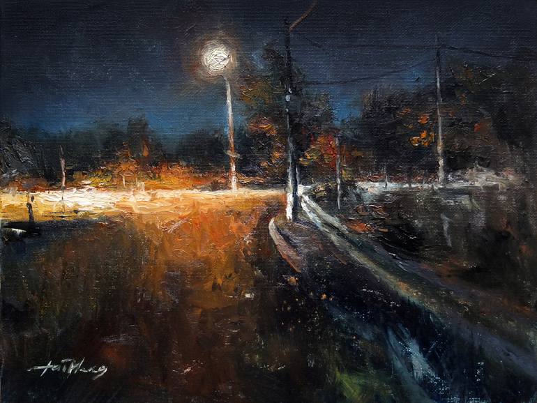 street light at night painting