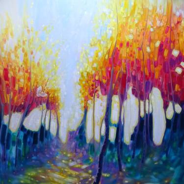 The Hunter's Shimmering Forest - A Large Colourful Semi Abstract Landscape thumb