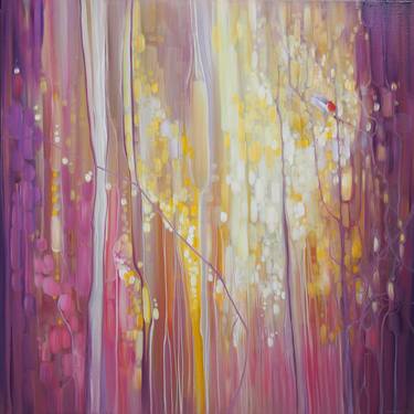 Robin's Song - a semi abstract, art nouveau style woodland painting thumb