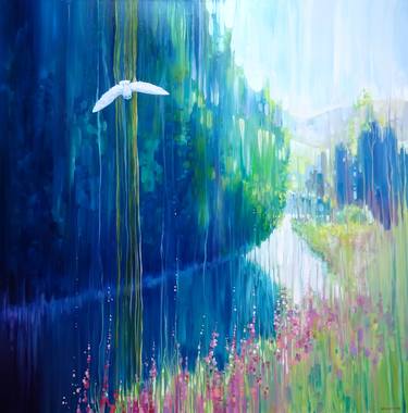 Enchanted - a white owl in a summer landscape large original oil painting thumb