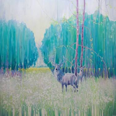 Monarchs of Spring - a large oil painting of a green spring meadow with deer thumb