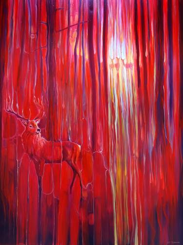 Red Forest Calls - original red oil painting with red deer in a red forest thumb