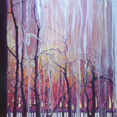 Twilight Grace - art nouveau forest sunset with white owl thumb