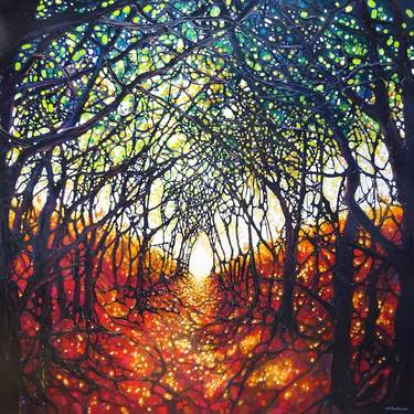 The Watchers in the Forest - a very large oil painting of a woodland path with deer thumb