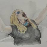 Wagbo leaps screaming from a ladies kitchen cupboard in ‘Mad Cats and English Women’. by Anna FC Smith