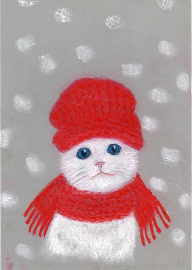 White cat with red hat and scarf thumb