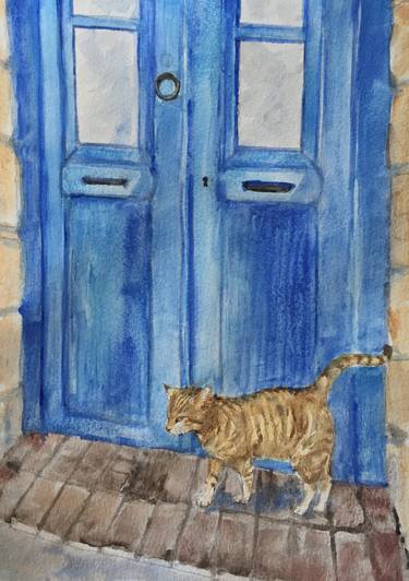 Cat and a blue door thumb