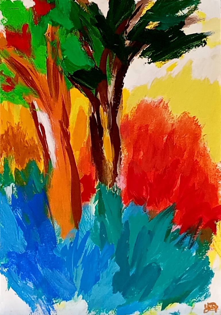 Two summer trees in the park / expressionism landscape colorful ...