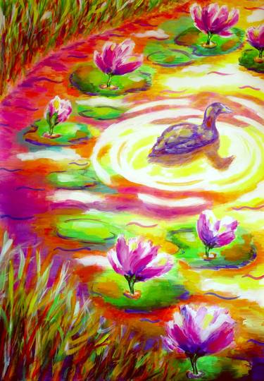 Eurasian coot among the water lilies / Flowers pink Claude Monet thumb