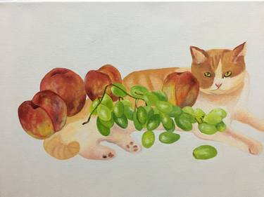cat, peaches and grapes thumb