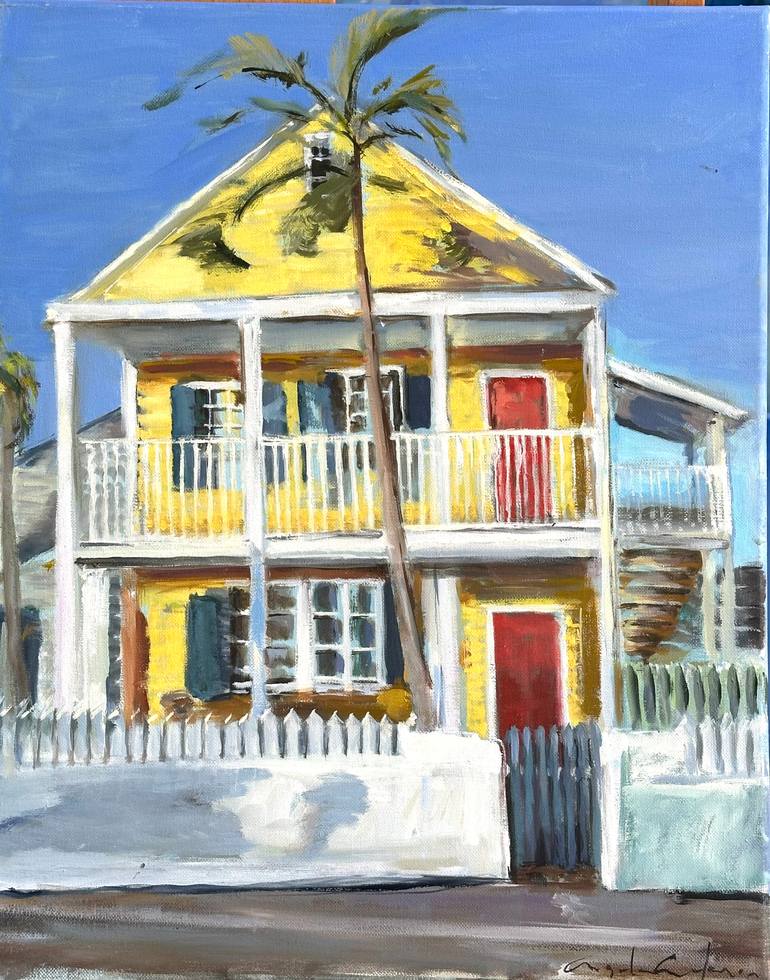 Original Architecture Painting by Angela Anderson | Realism Art on Canvas | Yellow Key West House with Red Doors