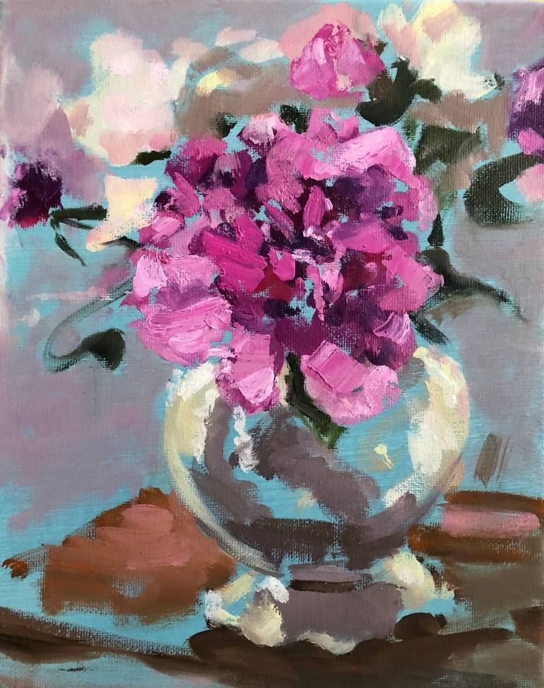 Original Floral Painting by Angela Anderson | Impressionism Art on Canvas | Pink Peonies in a Fru Fru Vase