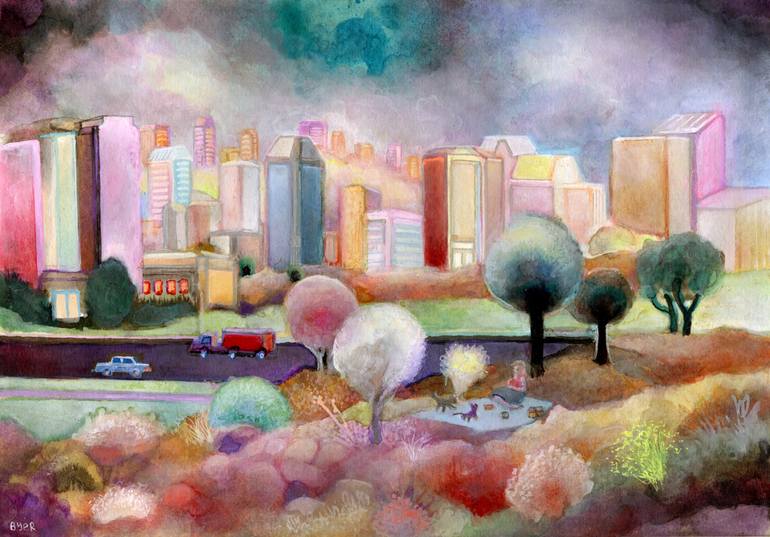 A Woman and 2 Cats Having a Picnic By A Highway Original Painting by josh byer